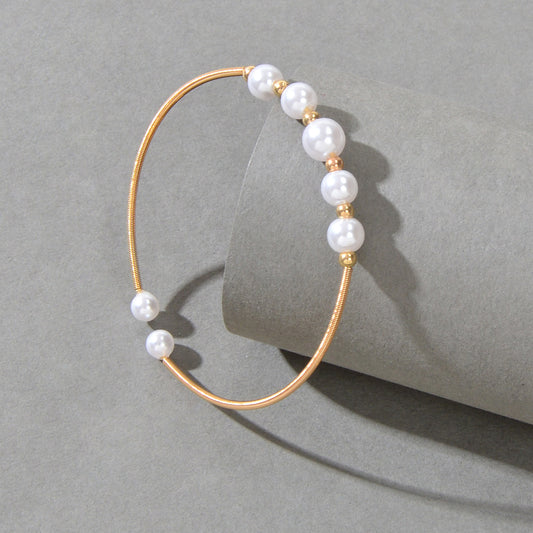 Women Delicate Pearl Decor Cuff Bangle Gold Plated Jewellery Classic Bracelet
