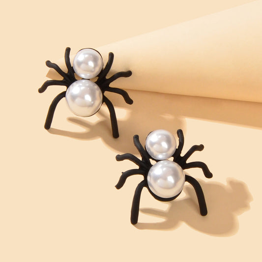 Faux Pearl Black Spider Stud Earrings Girls Costume Party Exaggeration Accessory