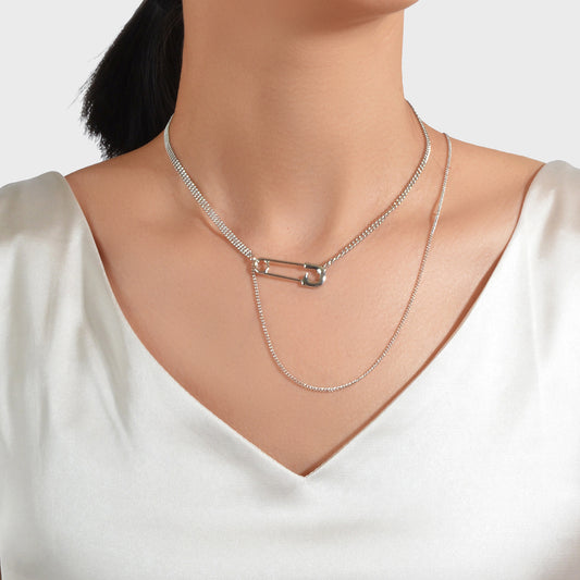 Designer Stylish Accessory Multiple Multi-layer Silver Chain Pin Charm Necklace