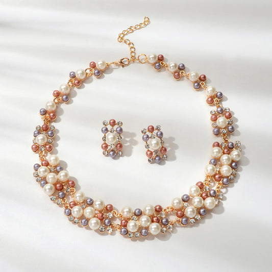 Rhinestone Pearl Collar Necklace Stud Earrings Luxurious Engagement Jewelry Set