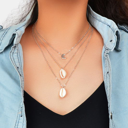 Boho Chic Choker Silver Multilayer Chain Moon Shell Pendant Necklace for Holiday