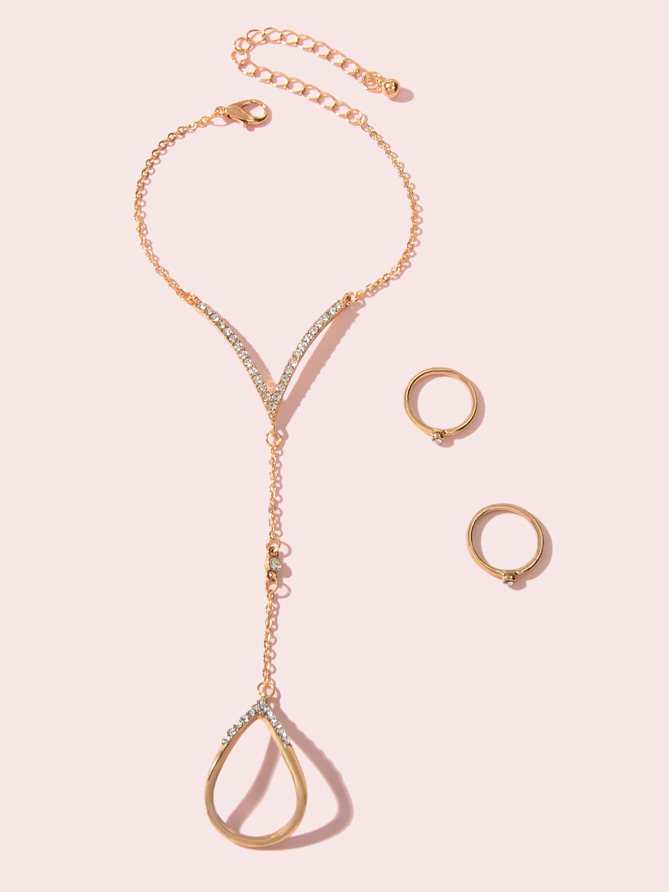 Jewellery set Rhinestone Decor Gold Chain Slave Bracelet and 2 pcs Knuckle Ring