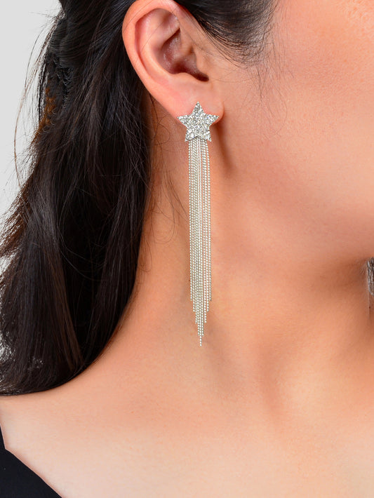 Elegant Luxury Rhinestone Decor Star Long Silver Chain Tassels Dangling Earrings
