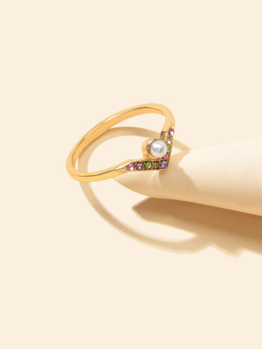 Luxury Wedding Jewellery Multi-colored Rhinestone Pearl V Shape Gold Finger Ring