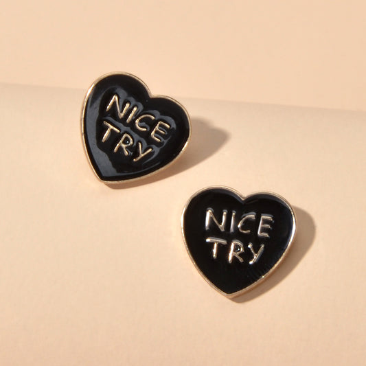 Dainty Gifts for Girls NICE TRY Letter Black Red Enamel Love Heart Stud Earrings