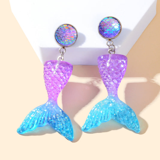 Sparkling Purple Blue Resin Mermaid Fish Tail Pendant Earrings for Women Holiday