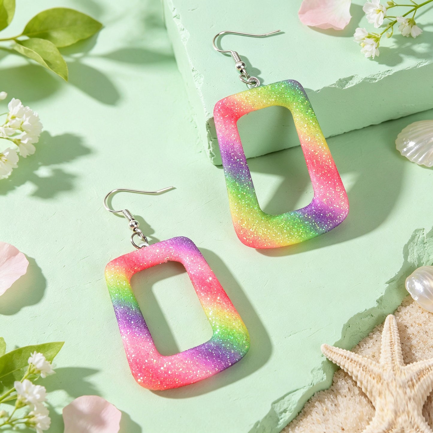 Bright Multicolor Irregular Square Geometric PU Leather Dangle Earrings Beach Vacation Rave Accessories
