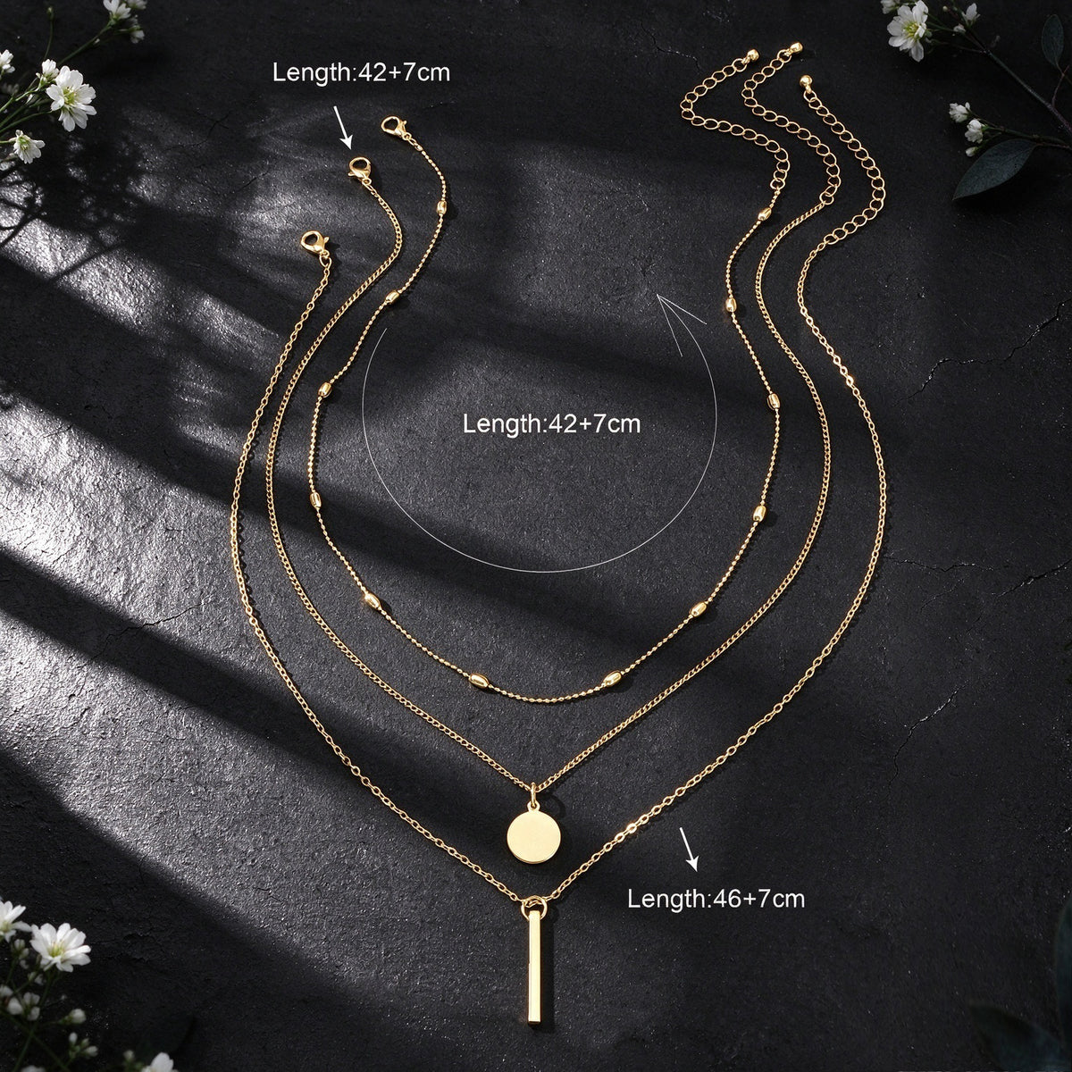 3pcs Minimalist Gold Layered Necklace Beads Disc Bar Decor Daily Party Jewellery