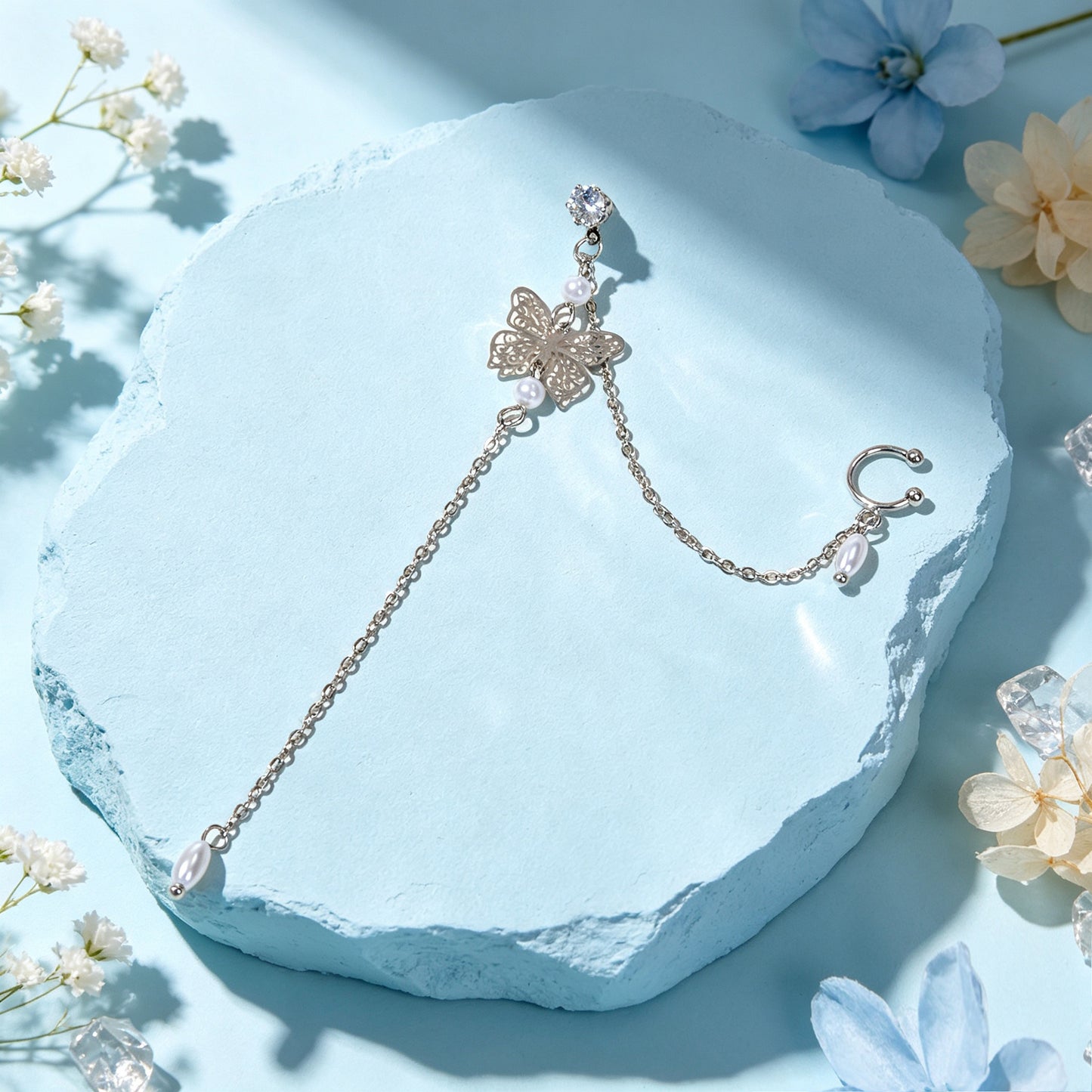 1 pc Butterfly Long Fringe Chain Ear Cuff Climber Earring Imitation Pearl Decor Elegant Prom Party Jewelry