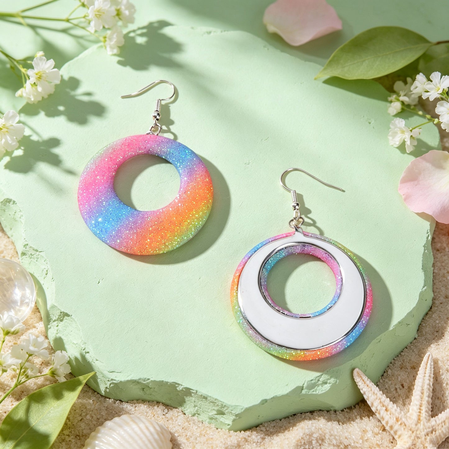 Rainbow Gradient Glitter Hollow Circle Geometric Dangle Earrings Y2K Summer Beach Vacation Party Jewelry