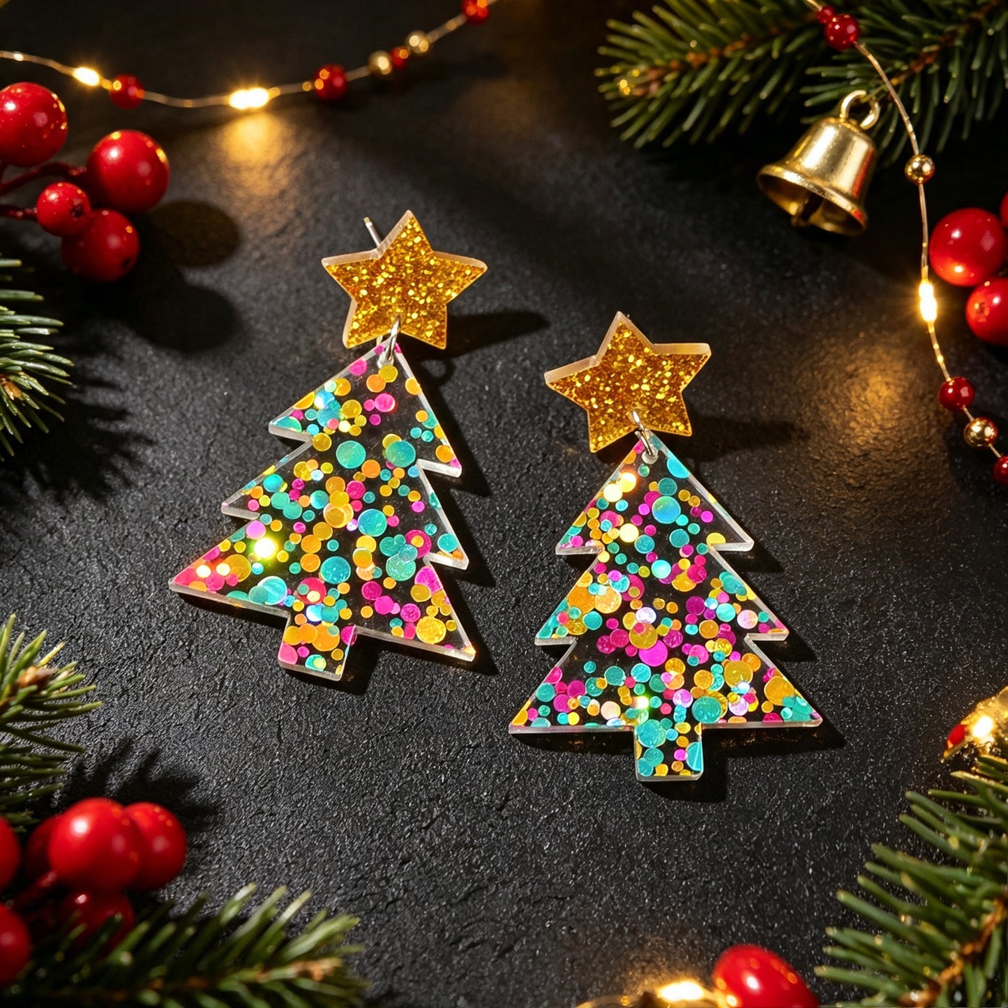 Christmas Tree Dangle Earrings Glitter Star Acrylic Colorful Xmas Party Jewelry
