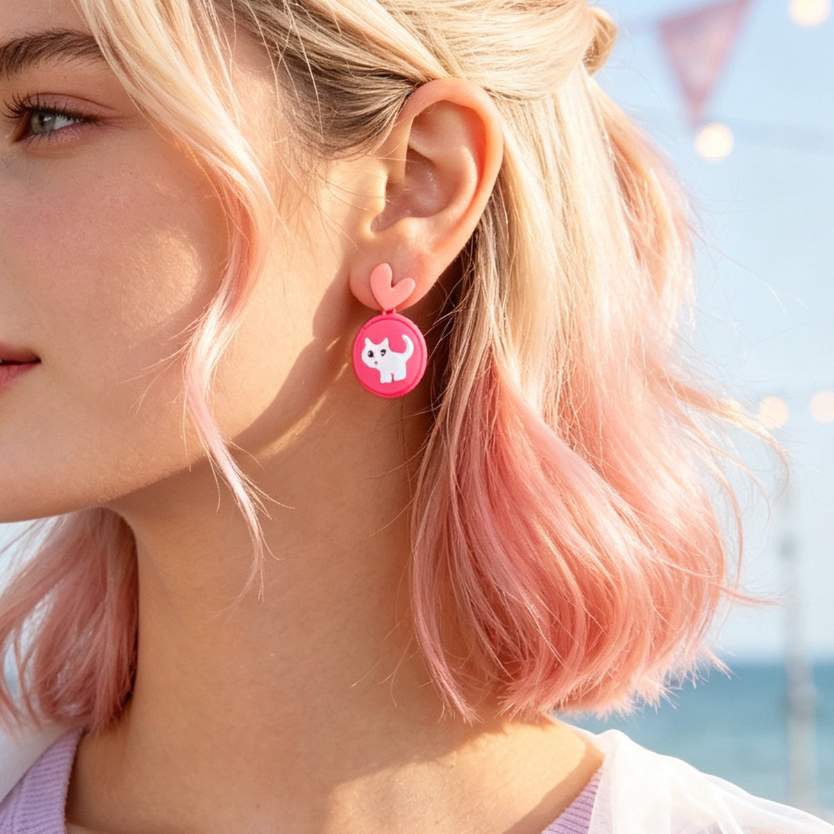Cute Hotpink Heart Cartoon White Cat Drop Earrings Sweet Lovely Jewellery Gift