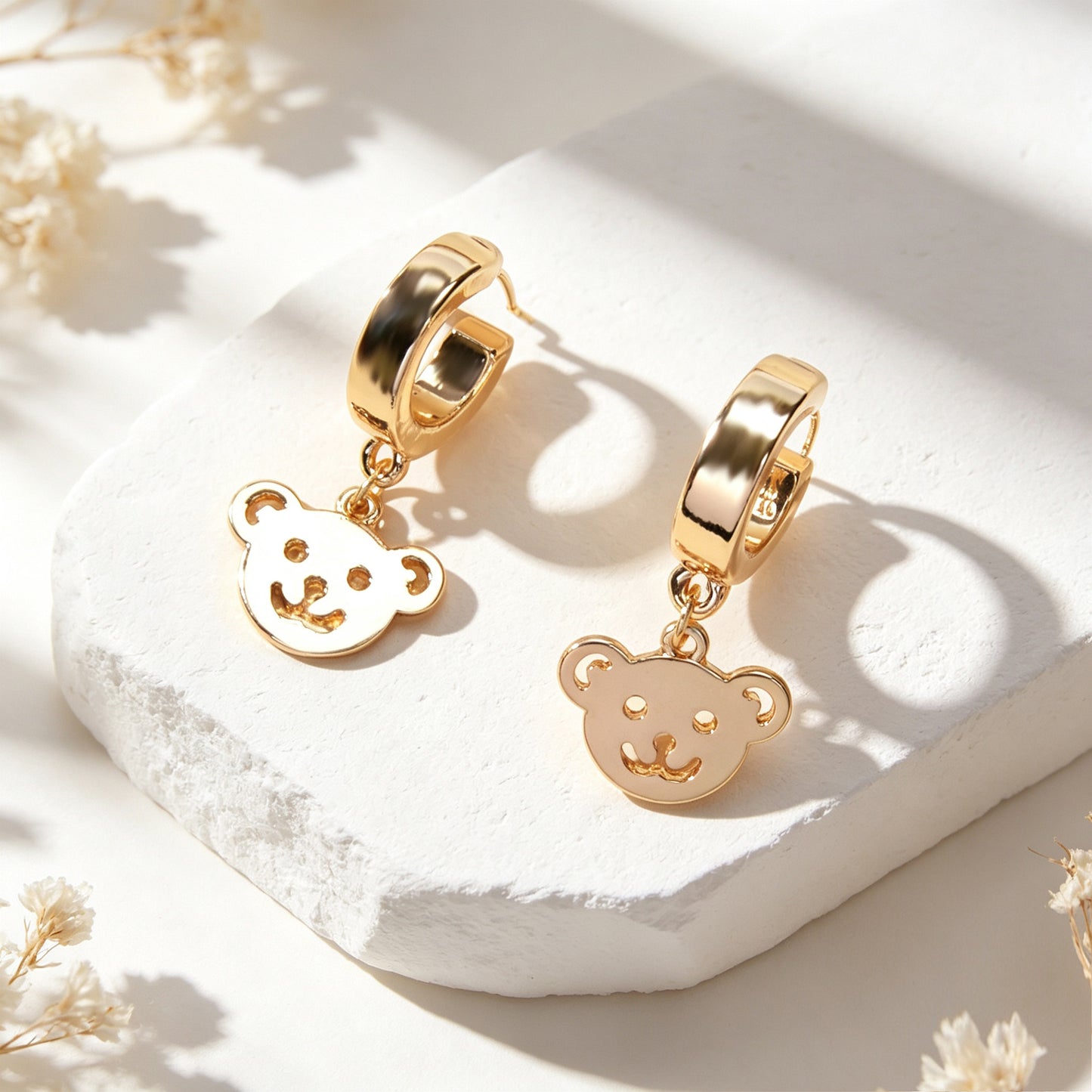 Gold Bear Hoop Drop Earrings Women Cartoon Stud Cute Gift Teens Textured Jewelry
