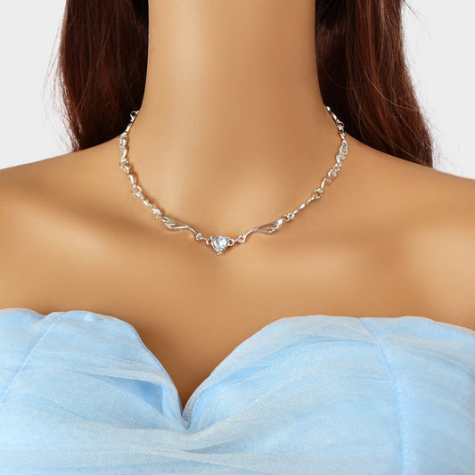 Heart Zircon Wing Design Silver Chain Clavicle Bridal Necklace for Wedding Prom