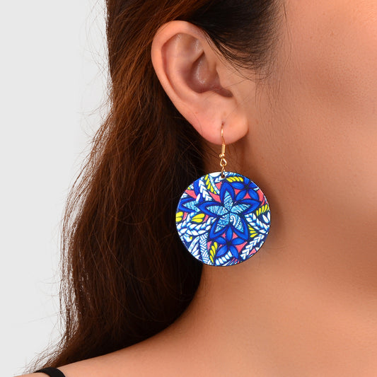 Vacation Jewellery Bohemia Chic Style Blue Flower Pattern Acrylic Round Earrings