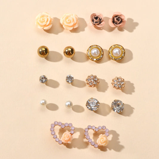 9 pairs Elegant Pearl Rhinestone Round Flower Mini Stud Piercing Earrings set