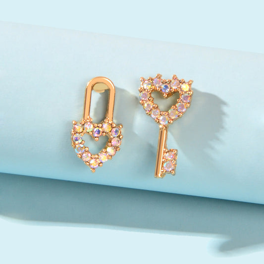 Asymmetrical Design Gold Plated Heart Key Lock Stud Earrings Women Dainty Gifts