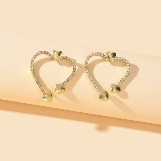 Valentine's Day Gift Rhinestone Decoration Gold Sweet Love Heart Stud Earrings