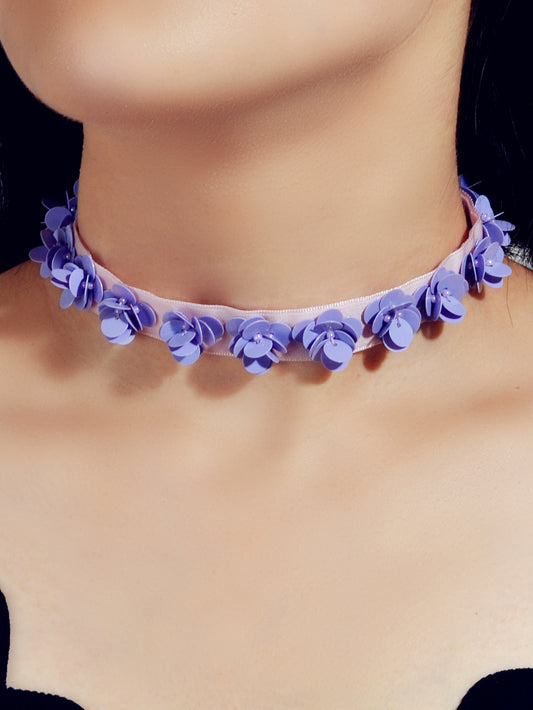 Handmade 90s Purple Flower Collar Velvet Short Tattoo Choker Retro Girl Necklace