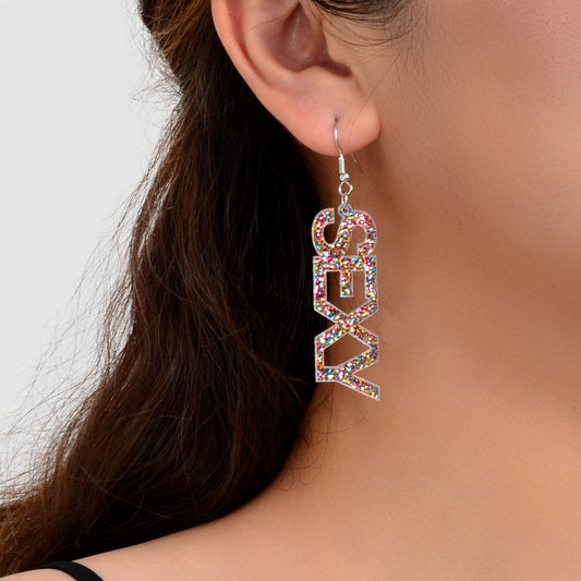 Creative Glitter Sequins Lightweight Acrylic SEXY Letter Dangle Party Earrings