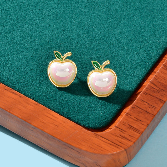 Exquisite Green Leaf White Pearl Apple Stud Earrings Women Anniversary Jewellery