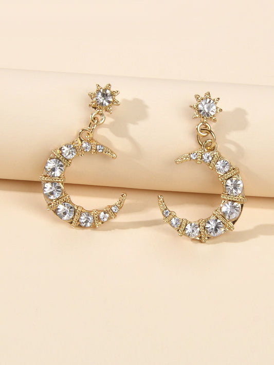 Textured Luxury Full Rhinestone Star Moon Dangle Earrings Wedding Gift Jewellery