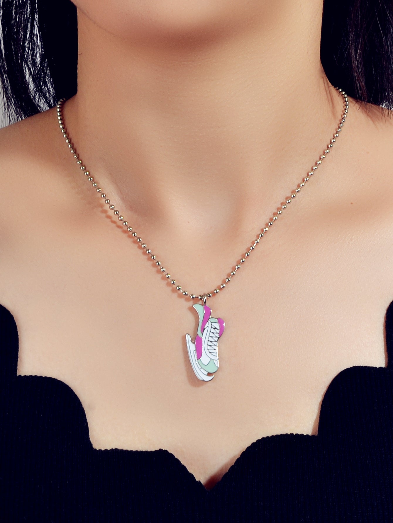 Silver Popcorn chain Colorful Enamel Skates Charm Necklace