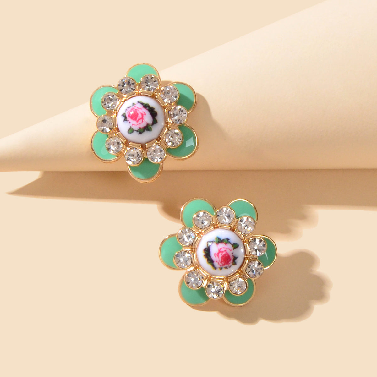 Bohemian Ethnic Rhinestone Decoration Green Enamel Flower Stud Festival Earrings
