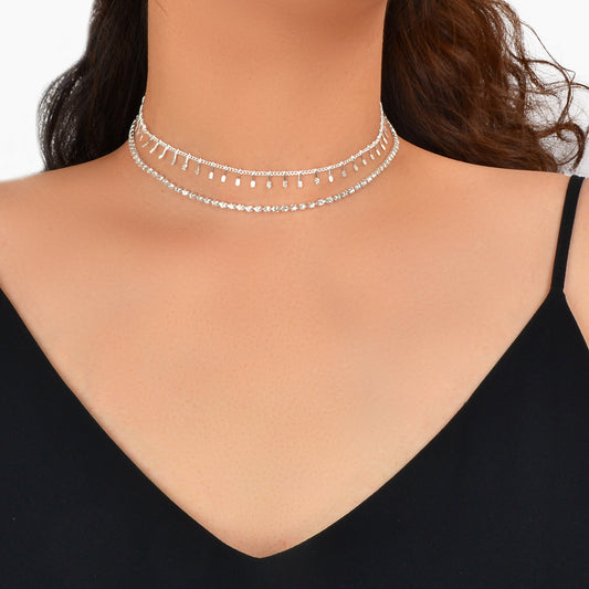 Gold Layered Initial Necklaces Women Rhinestone Decoration Double Chain Choker