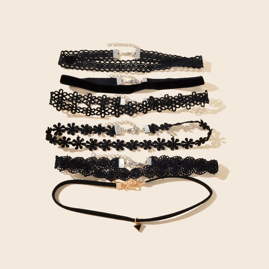 6 pcs Black Flower Velvet Choker Set Classic Gothic Tattoo 90s Collar Lace Jewel