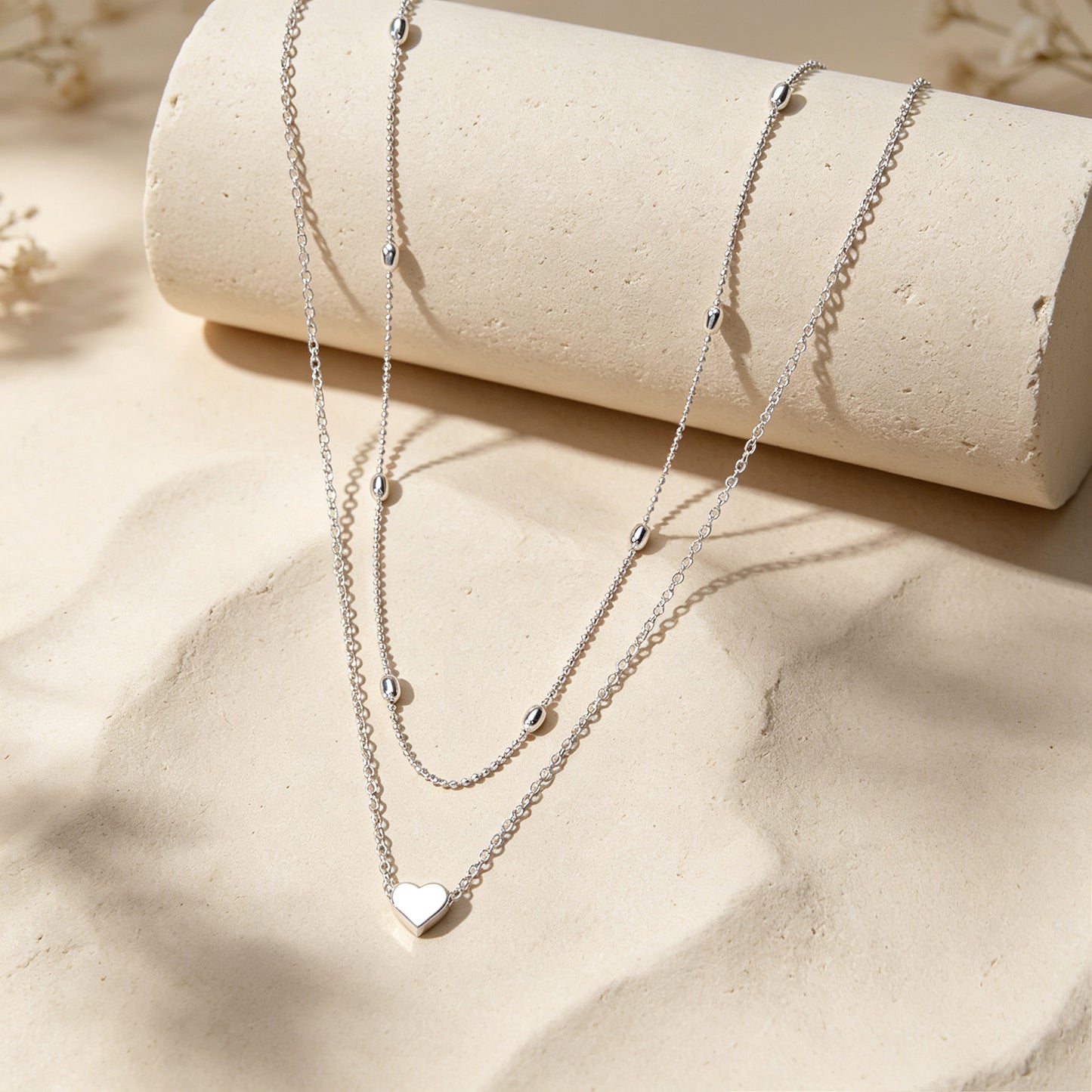 2pcs Dainty Jewelry Metal Beads Decor Gold Silver Chain Heart Pendant Necklaces