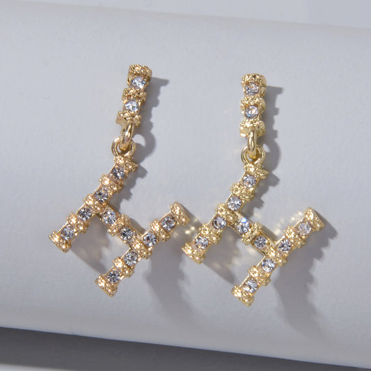 Textured Full Faux Cubic Zirconia Luxury Gold Letter Dangle Earrings for Women