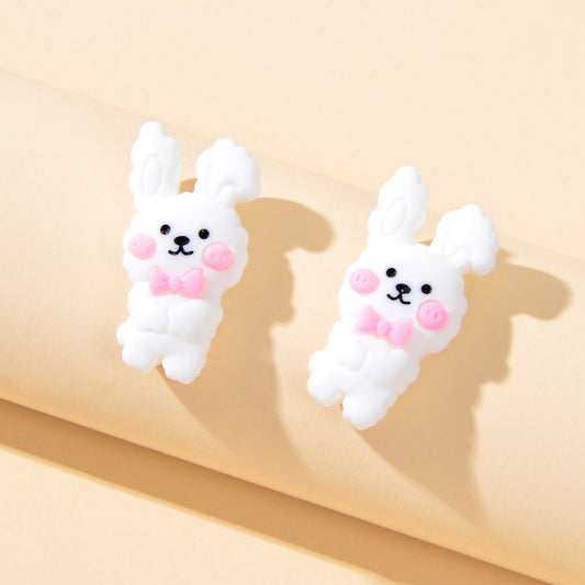 Pink Bow Tie White Rabbit Lovely Easter Bunny Stud Earrings Hare Party Jewellery