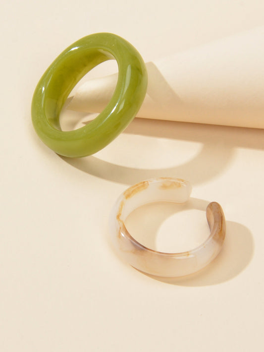 Stackable 2 pcs Beige Green Resin Chunky Multiple Bulk Pack Boho Chic Ring set