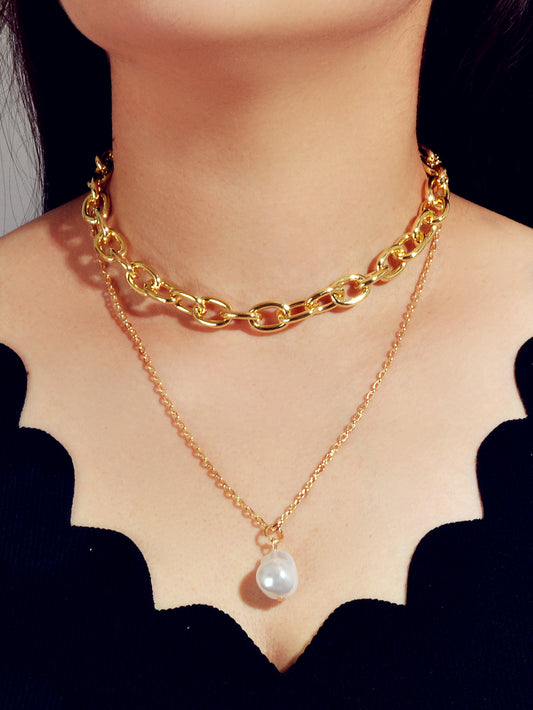 Double Layer Gold Chunky Chains Pearl Charm Women Necklace Good Quality Jewelry