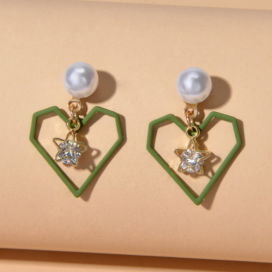 Love Gift for Women Girls Rhinestone Pearl Decor Gold Star Heart Dangle Earrings