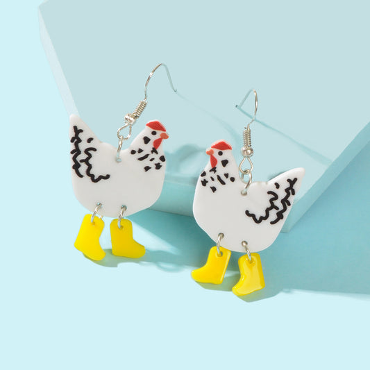 Lovely Cartoon White Acrylic Hen Yellow Boots Dangle Earrings Women Holiday Gift