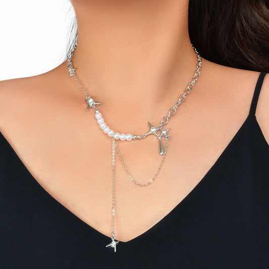 Multiple Silver Chain Star Charm Pearl Decoration Clavicle Necklace Costume Gift