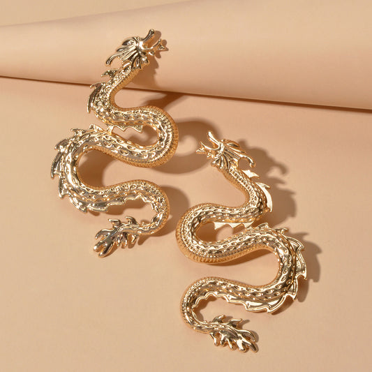 Grunge Rock Gold Silver Unique Chic Metal Dragon Statement Stud Earrings Gift