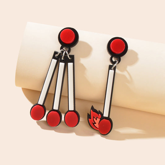 Asymmetrical Personality Accessories Red Acrylic Match Pendant Pierced Earrings