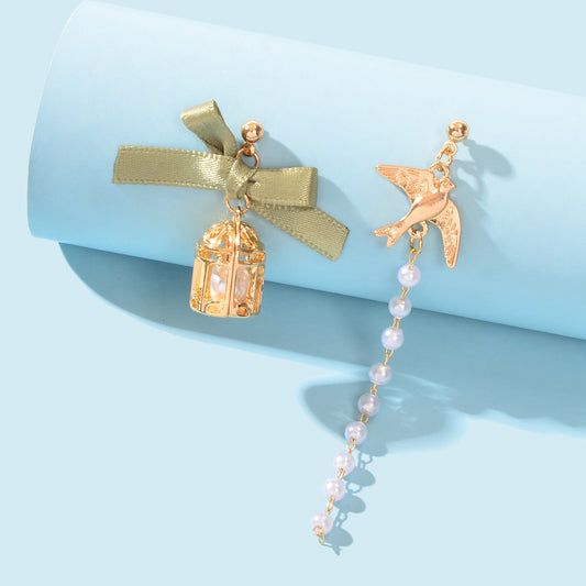 Elegant Asymmetrical Green Bow tie Gold Bird Birdcage Pearl Long Chain Earrings