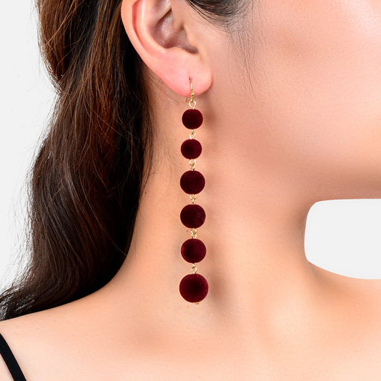 Retro Winered Flocking Ball Statement Long Pendant Pom Pom Dangle Earrings Gift