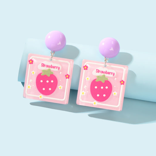 Sweet Acrylic Pink Strawberry Square Dangle Stud Earrings Y2k Style Accessories