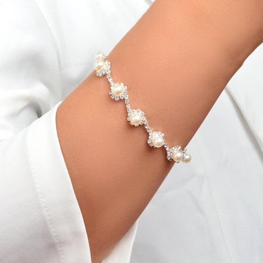 Elastic Wedding Accessory Bridesmaid Faux Pearl Rhinestone Party Beaded Bracelet