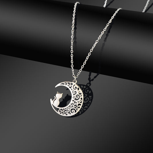 Party Jewelry Gift Silver Chain Stainless Steel Hollow Moon Cat Pendant Necklace