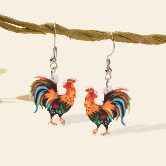 Statement Jewellery Colourful Cock Chicken Acrylic Dangling Rooster Earrings
