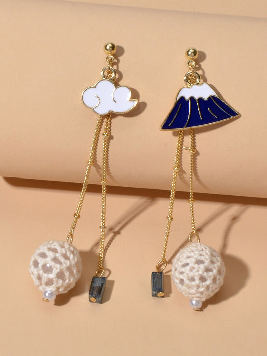 Creative Asymmetric Design Gold Chain Ball White Blue Cloud Mountain Earrings