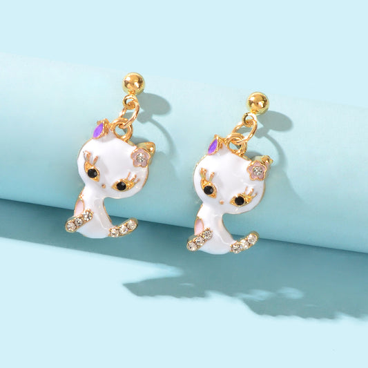 Lovely Cartoon Design Rhinestone White Enamel Cat Pendant Stud Pierced Earrings