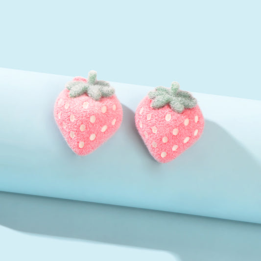 Handmade Cute 3D Flocking Pink Strawberry Stud Sweet Fruit Earring Dainty Gifts