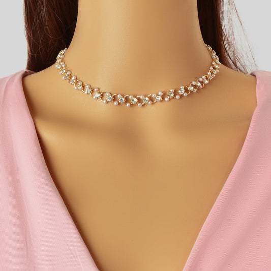 Wedding Engagement Gift Jewellery Rhinestone Pearl Decor Hollow Choker Necklace